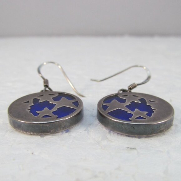 Sterling Silver Celestial Half Moon and Stars Blue Glass Pierced Earrings - Picture 4 of 12